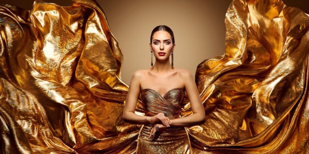Daily Woman's Practices Thursday, Day of Jupiter, Gorgeous Beautiful woman in a golden gold dress, The Sublime Woman