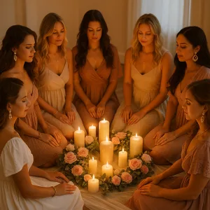 Women gathered in a sacred circle indoors with flowers and candles, feminine accessories, and a warm mystical atmosphere.