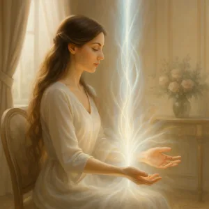 A graceful woman in a serene room performing energy healing, light flowing through her hands