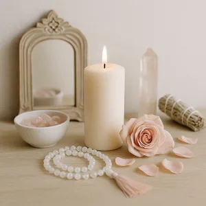 Feminine consultation concept with flowers, candles, and notebook on a light background