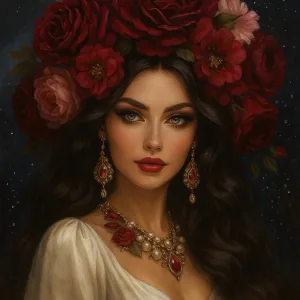 Elegant woman with jeweled crown and roses, symbolizing feminine mystery and power