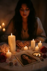 Mystical still life with candles and a woman’s photo for feminine energy photo diagnostics