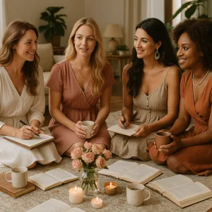 Women gathered in a light-filled circle with notebooks and tea, learning and sharing during a feminine wisdom workshop