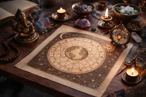 Vedic astrology setup on a wooden table with a natal chart, candles, crystals, and traditional spiritual objects.