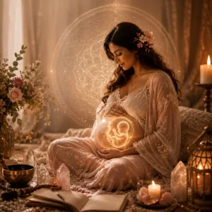 Pregnant woman practicing Garbhasanskar with sacred geometry, crystals and candles